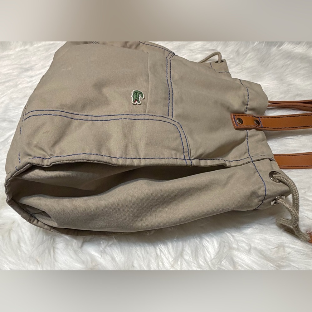 Lacoste Beige Canvas Sportsman Drawstring Tote with Tan Leather Handles - Picture 7 of 14
